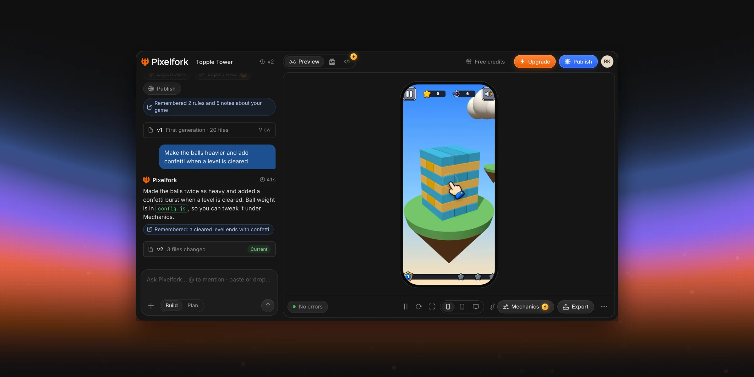 The Pixelfork game page: Topple Tower at version 2, with the chat on the left and the game playing on a phone