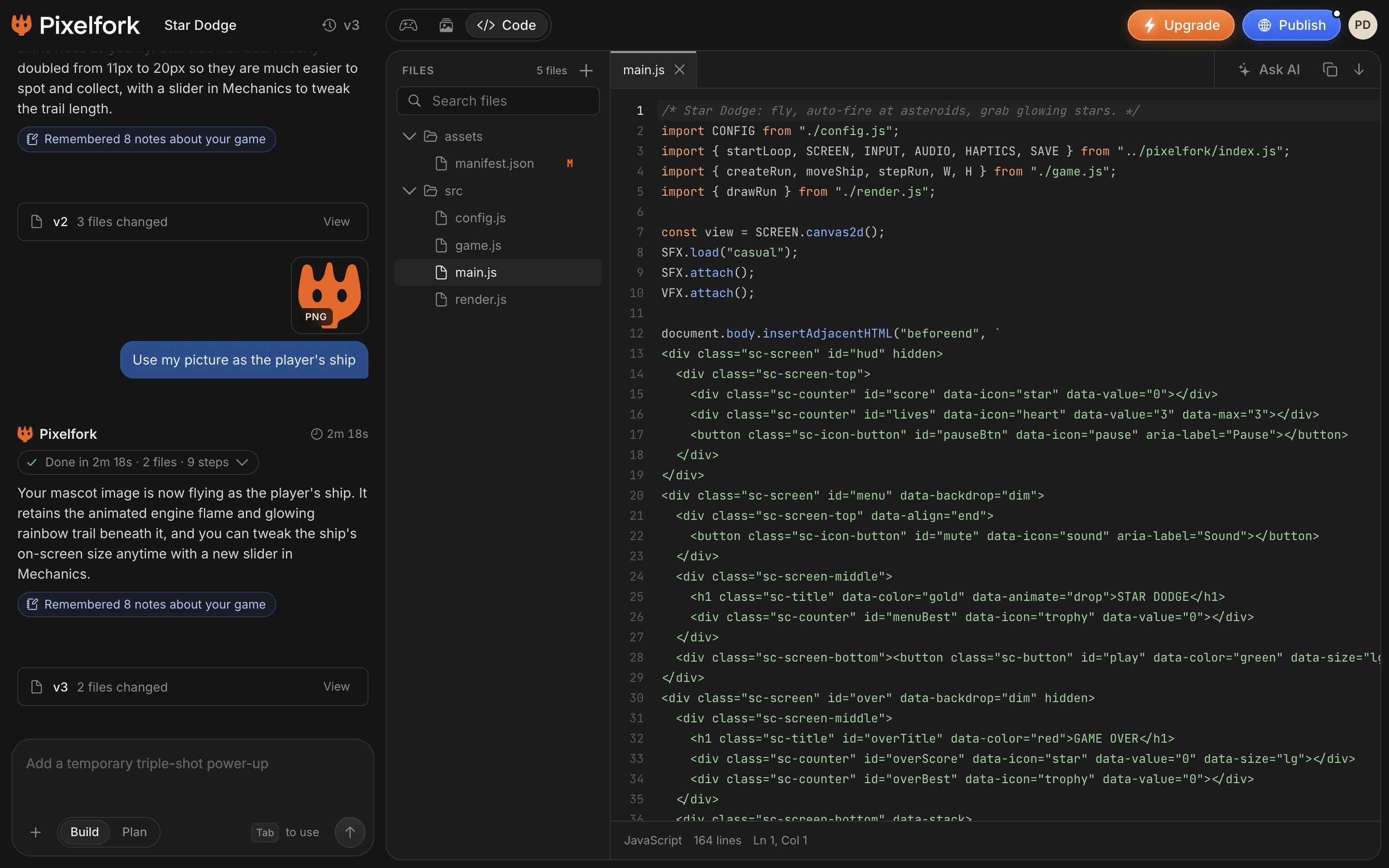 The Code tab: a game's files, the editor and Ask AI