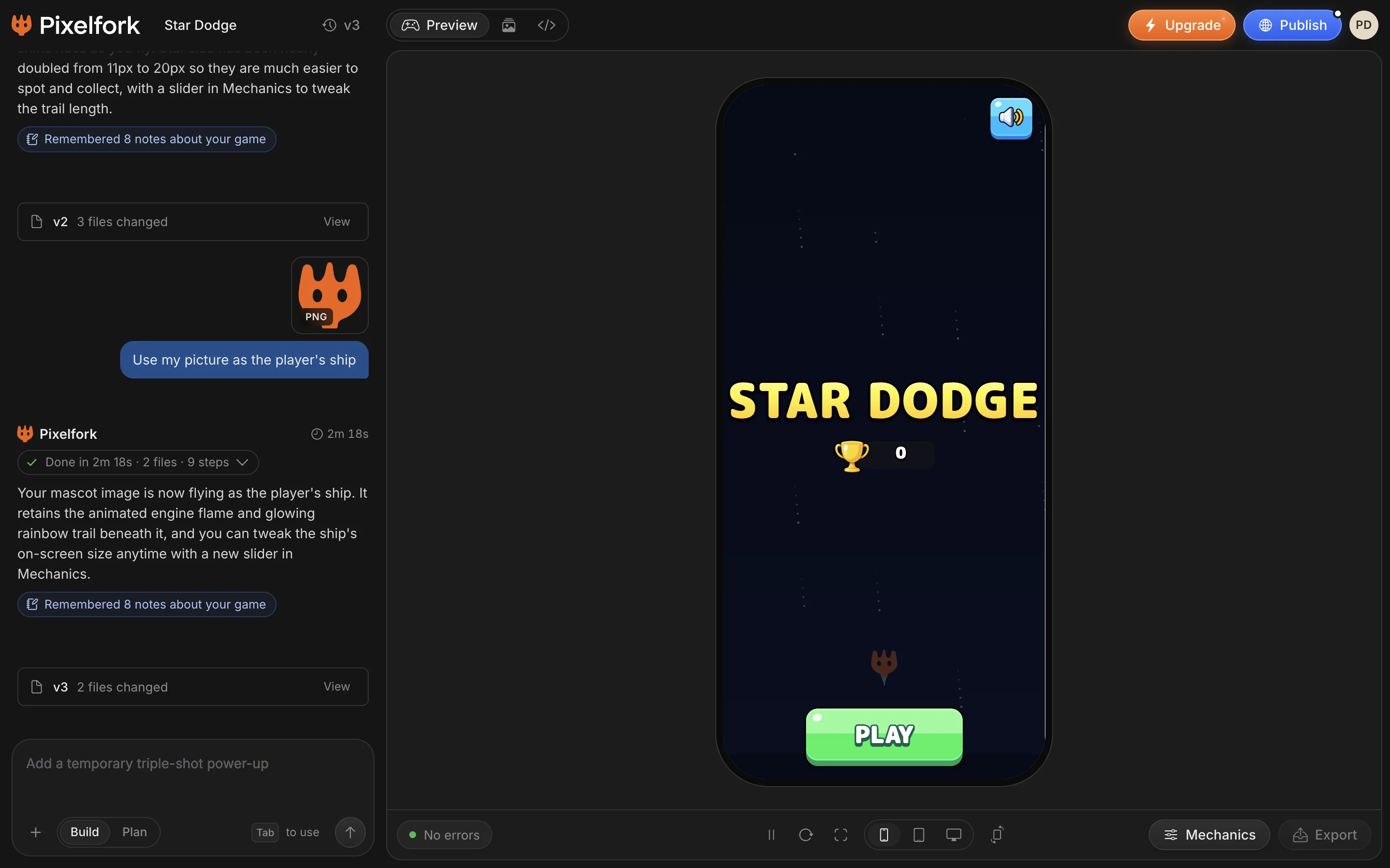 The game page: the chat on the left, the game playing on the right