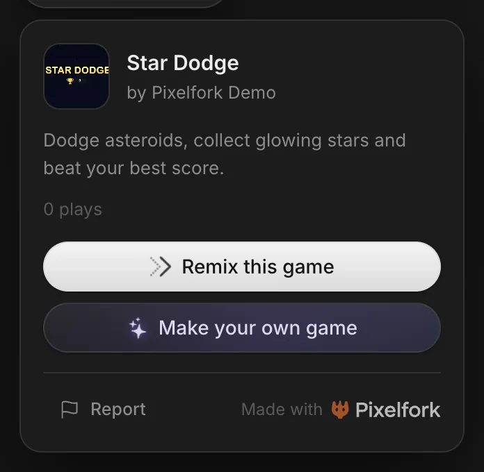 A published game's menu, with Remix