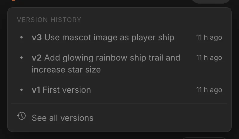 The versions menu