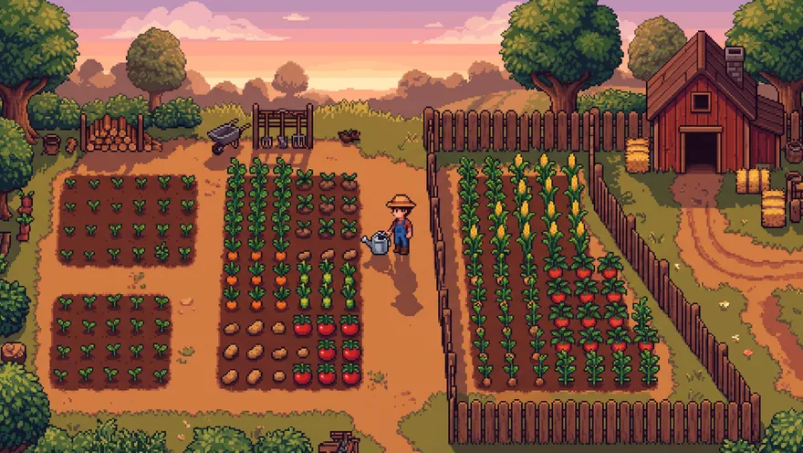 A pixel art farm: fields of crops, a red barn and a farmer
